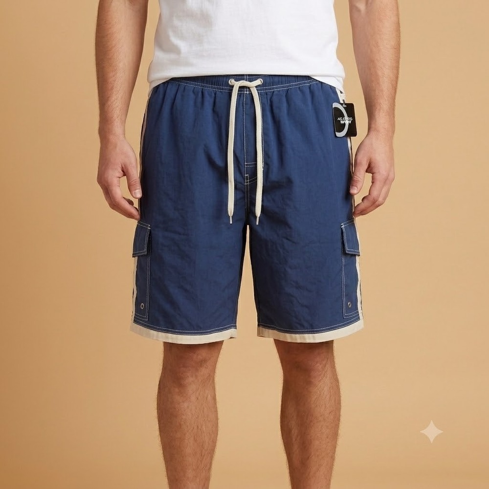 Ashford Sport Board Shorts Mens XL Blue Cream Cargo Side Stripe Cotton Blend NWT